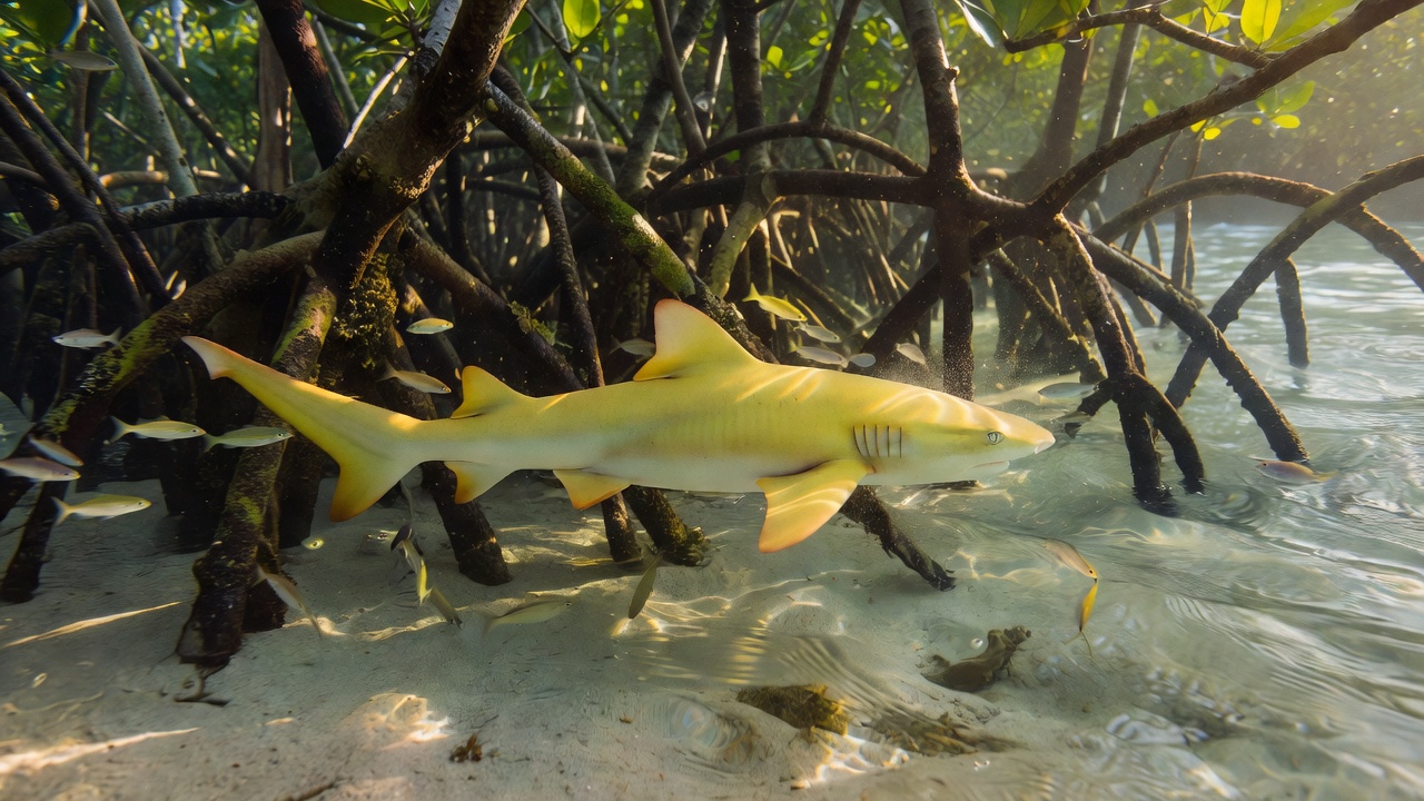 A juvenile lemon shark swimming in shallow coastal water beside mangrove roots