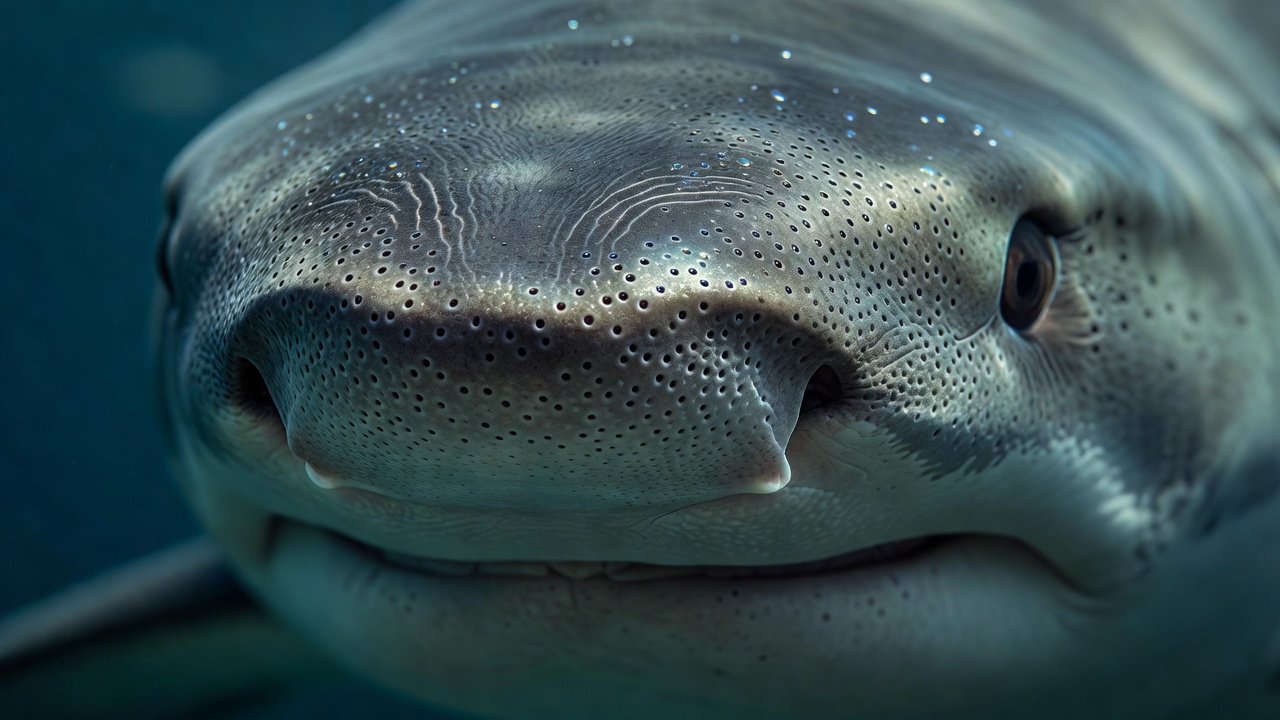 Close view of a shark’s snout showing the small sensory pores around its head