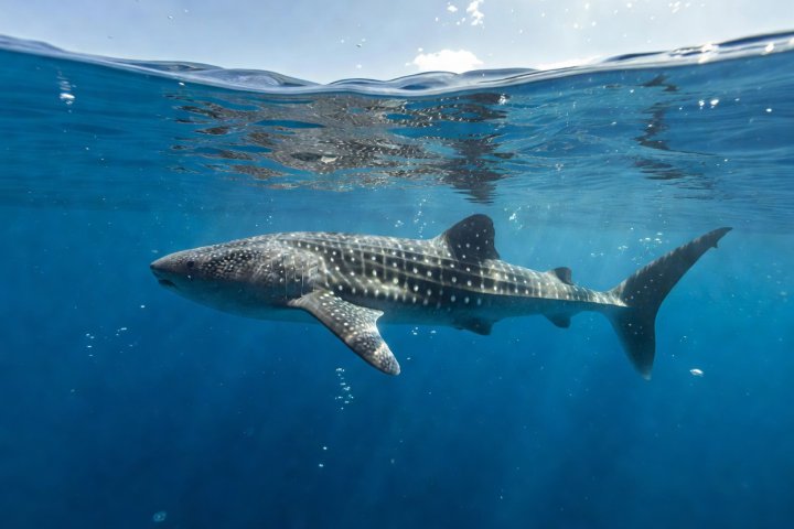 The spotted back and broad head of a whale shark moving through sunlit ocean water